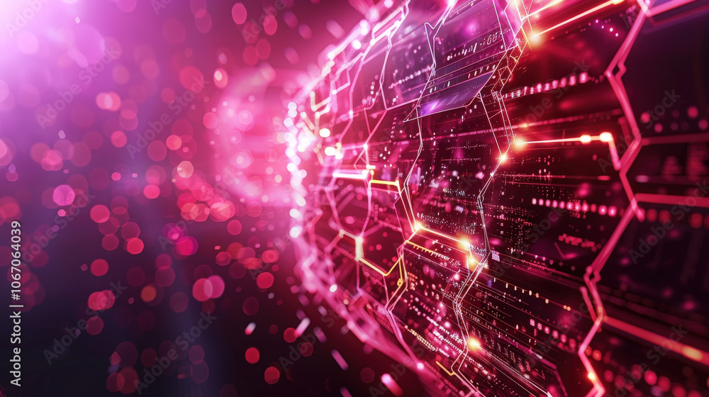 Poster digital visualization concept with hexagonal shapes and vibrant colors, creating futuristic atmosphe