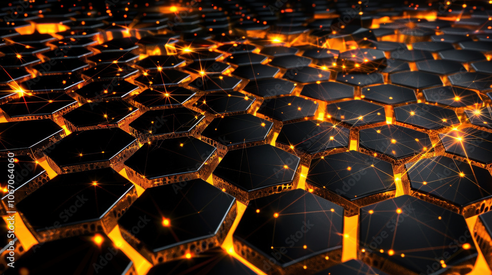 Poster stunning visualization of hexagonal shapes illuminated by glowing lights, creating dynamic and futur