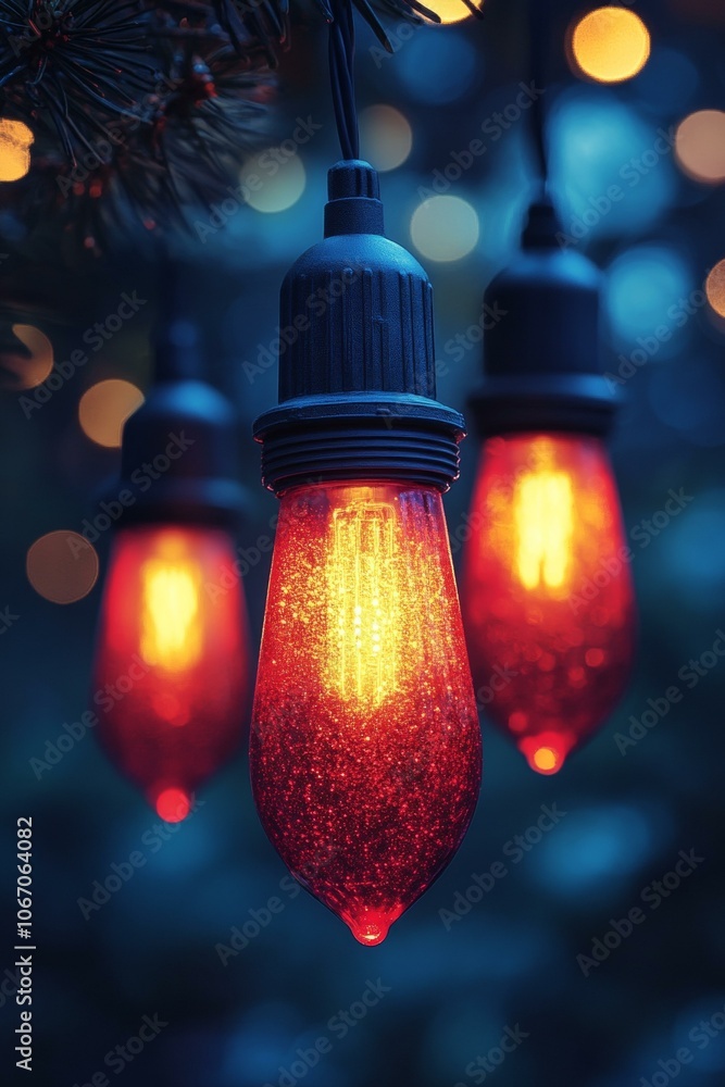 Poster string lights draped on tree branches, creating warm, festive glow.