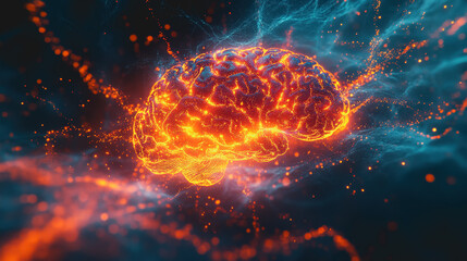 Glowing Brain in Fiery Colors of Red, Yellow, and Orange