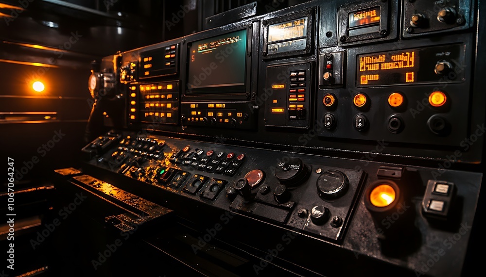 Leinwandbilder a dark, illuminated control panel filled with numerous buttons, dials, and screens, showcasing a hig