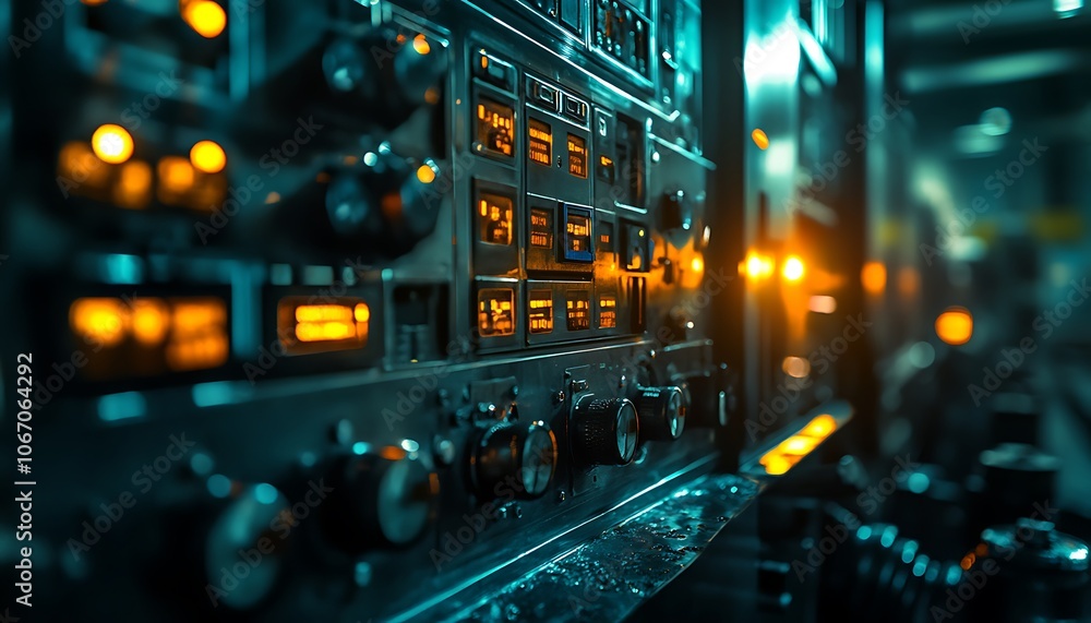 Poster A close-up view of a high-tech control panel with illuminated buttons and dials, showcasing intricate electronic components in a modern environment.