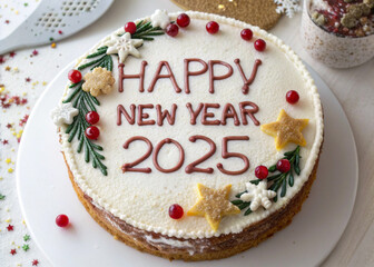 Happy New Year 2025 text on cake with white background