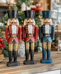Wooden nutcrackers with colorful uniforms, festive holiday decor