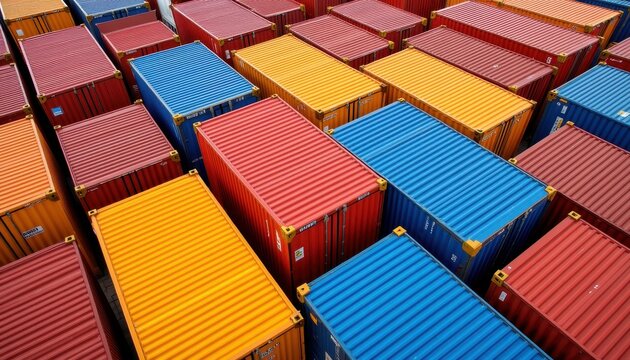 Colorful shipping containers: aerial view of vibrant cargo boxes in a busy port