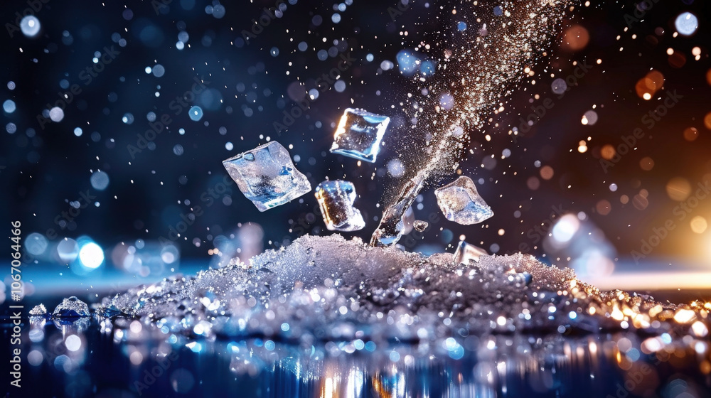 Poster ice cubes splashing into water create mesmerizing scene filled with sparkling droplets and reflectio