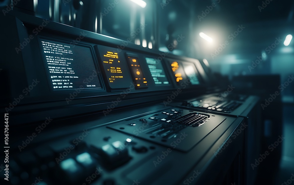 Poster a futuristic control panel with illuminated displays and buttons, set in a dimly lit environment, su