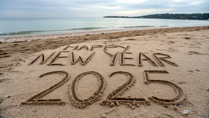 Happy New Year 2025 text on sand with white background