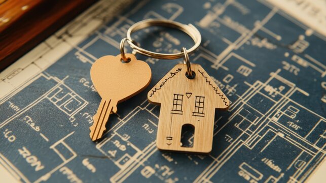 Keys and House Keychain on Architectural Blueprint