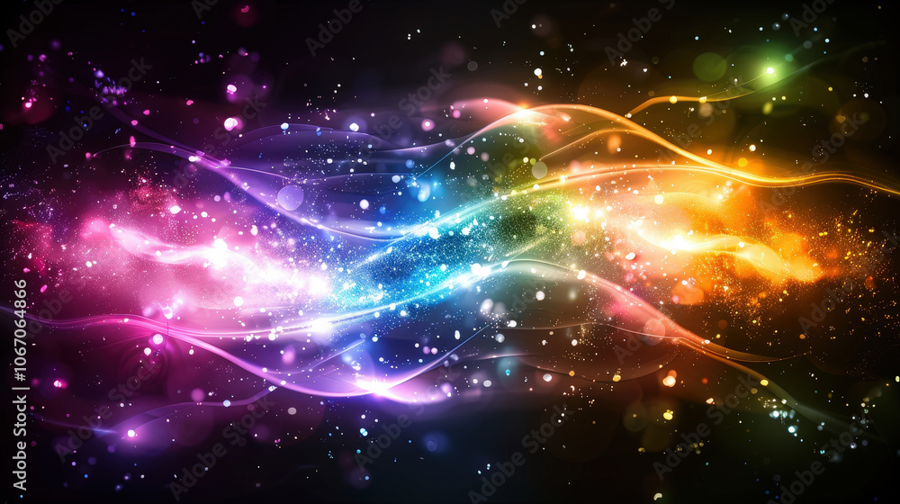 Poster vibrant digital artwork featuring colorful waves of light and sparkling particles, creating mesmeriz