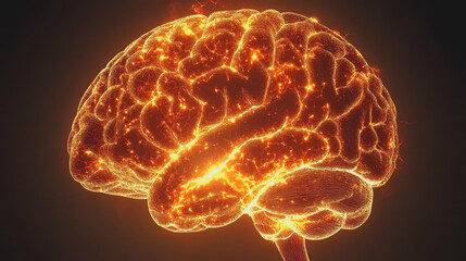 Glowing Brain in Vibrant Red and Yellow Colors