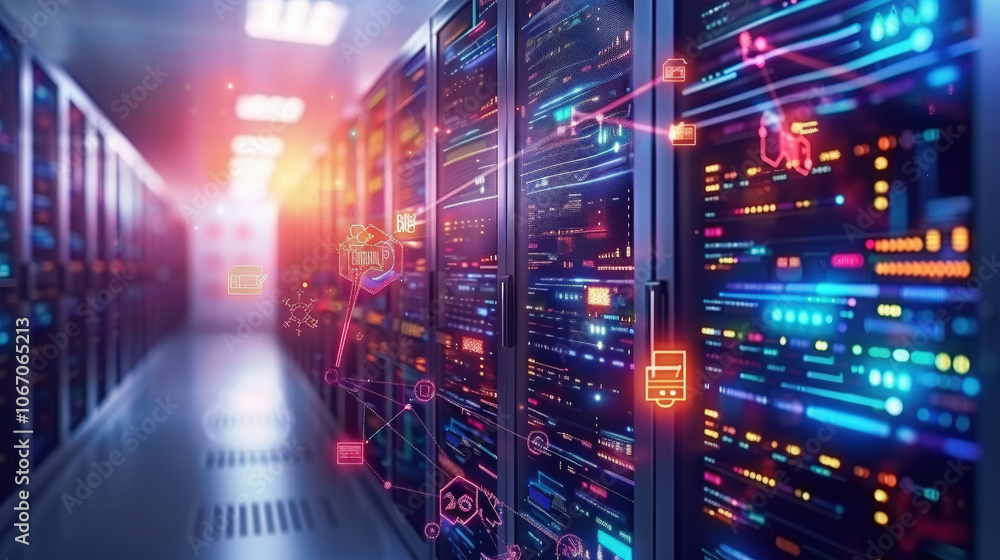 Aufkleber vibrant data center filled with server racks, illuminated by colorful lights and digital icons repre