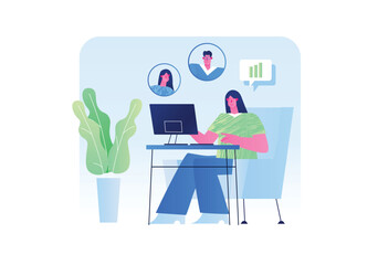 A woman sits at a desk working on a computer, with conversation icons floating above. A plant adds a touch of nature. Vector illustration