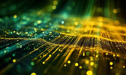 Glowing lines and shapes create vibrant and dynamic visual, representing energy and innovation in captivating green and yellow color scheme