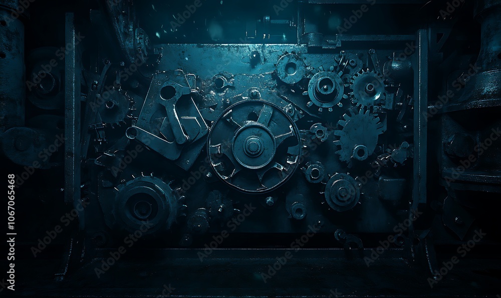 Poster a dark, industrial scene featuring intricate gears and machinery, creating an atmosphere of mystery 