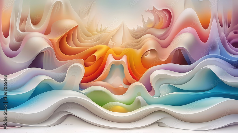 Poster dynamic modern artwork showcasing rounded shapes and vibrant colors, creating mesmerizing visual exp