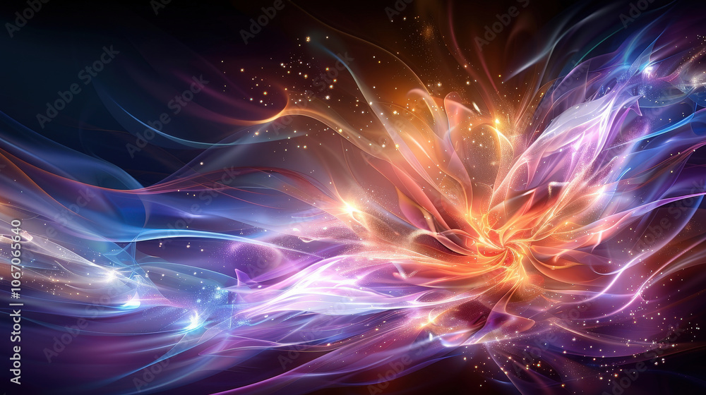 Poster dynamic modern artwork showcasing rounded shapes and vibrant colors, creating mesmerizing flow of li