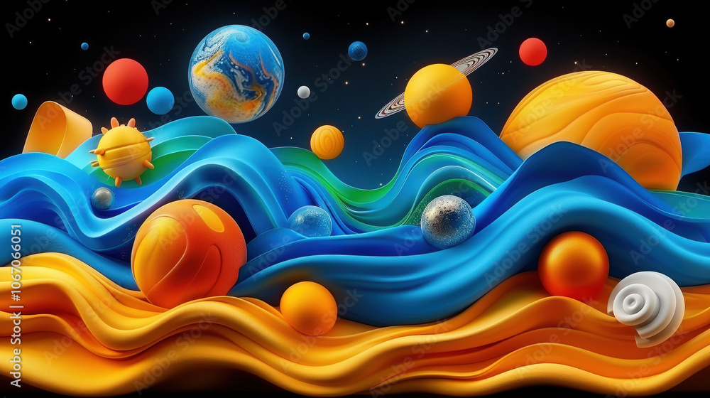 Poster colorful planets and waves create dynamic visual representation of space, showcasing vibrant celesti