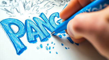 Hand Drawing Comic Book Style Sound Effect 'PANG' in Blue Ink, Pop Art Illustration with Bold Lettering and Explosive Details
