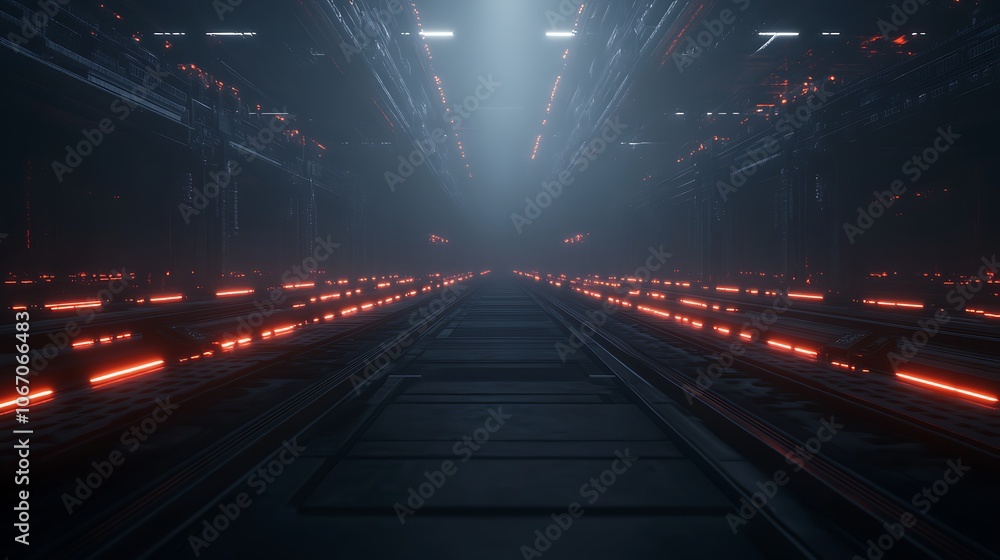 Poster A futuristic corridor illuminated by red lights, surrounded by dark technology, creating a mysterious and immersive ambiance.