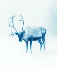 Majestic reindeer standing in snowy landscape under clear blue sky.