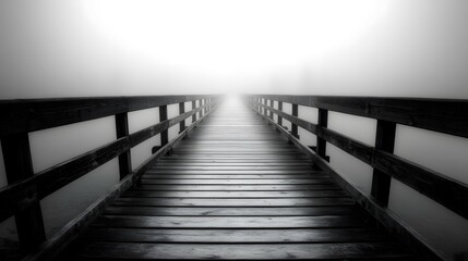 Fototapeta premium Foggy Wooden Bridge Path Leading to the Unknown