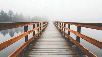 Obraz premium Foggy Wooden Bridge Pathway Leading into the Mist