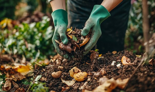 Hands in gloves composting food waste. Outdoor compost bin for reducing kitchen waste. Organic waste in garden composter, eco-friendly gardening, sustainability.