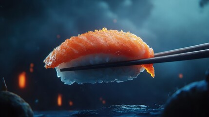 Fresh Sushi on Chopsticks with Dramatic Lighting
