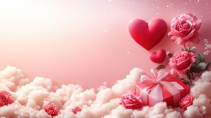 Fototapeta premium Pink Roses, Red Hearts, and Gift Box on Clouds