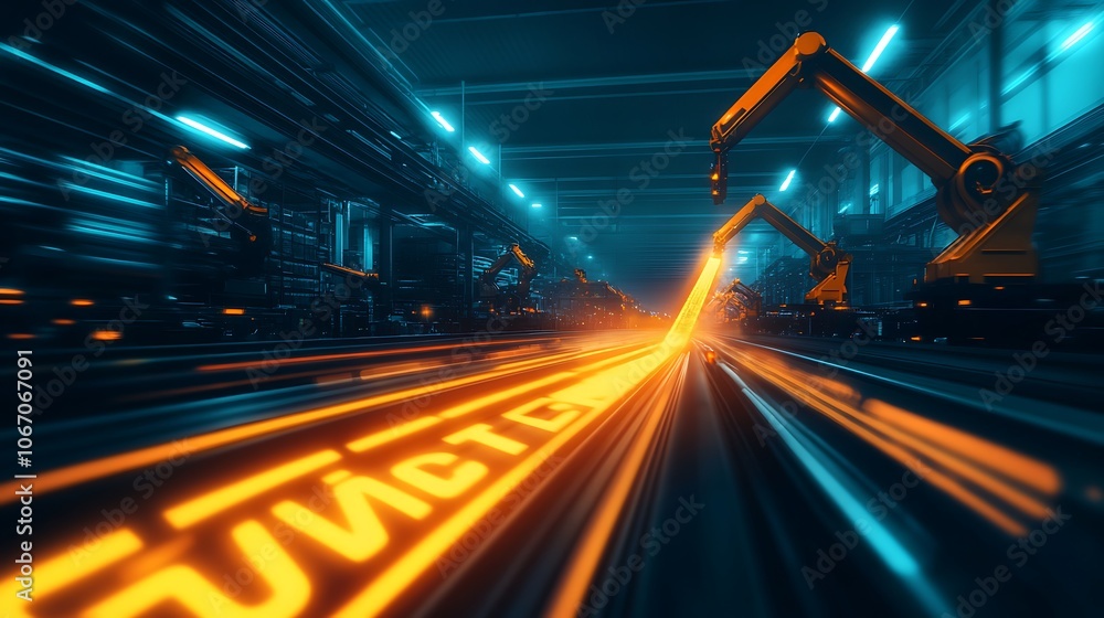 Poster a futuristic industrial scene featuring robotic arms and neon lights, creating a dynamic atmosphere 