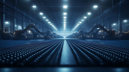 Obraz premium A futuristic industrial scene featuring robotic arms and illuminated pathways in a dimly lit warehouse, showcasing advanced technology.