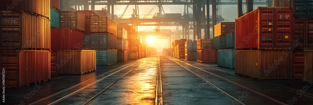 Poster aerial view of a busy shipping container port with cargo vessels,cranes,and warehouses at the start 