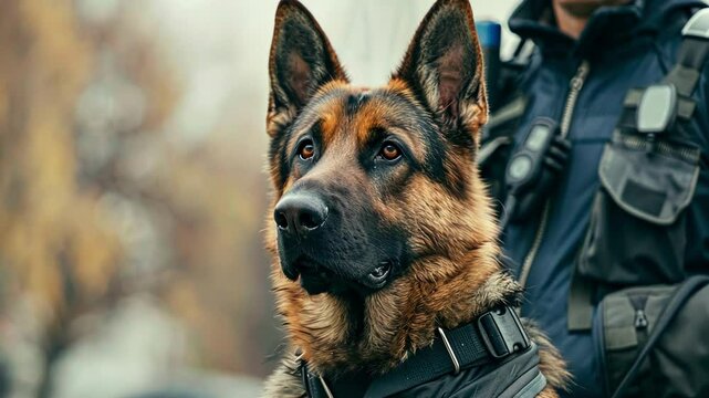 Loyal german shepherd dog stands proudly next to a vigilant police officer, ready to protect and serve, embodying security and safety