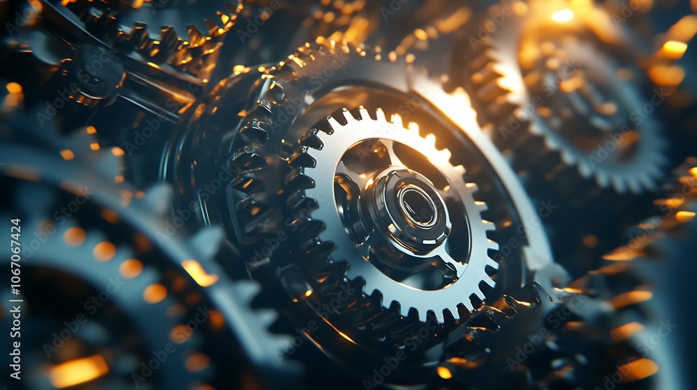 Fototapete A close-up view of interlocking metallic gears, reflecting light, showcasing intricate mechanical design and precision engineering.