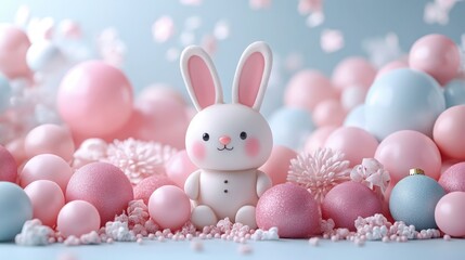 Obraz premium Cute pastel bunny among colorful balls.