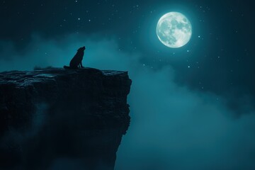 Elegant Wolf Howling Under Full Moon on Cliff