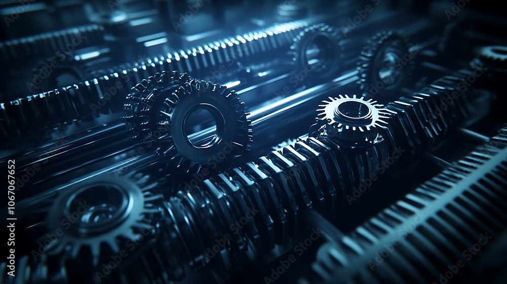 Poster a close-up view of intricate metallic gears, conveying a sense of machinery and technology with a co