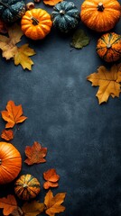 Black background with pumpkins, autumn leaves, Halloween theme.