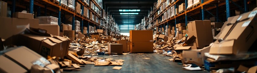 Obraz premium A cluttered warehouse with scattered cardboard boxes and shelves, showcasing disorganization and storage challenges.