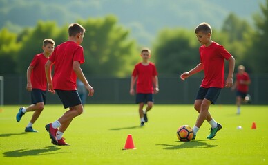 Group Of Boys Playing Football Wearing Red Kits 