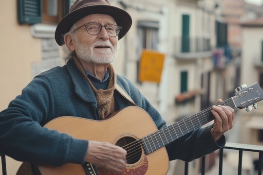 Senior musician playing acoustic guitar on balcony in european town