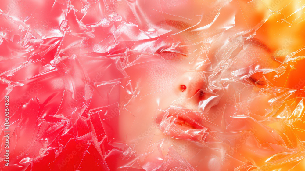 Poster captivating close up view of face partially obscured by translucent plastic, creating ethereal and d
