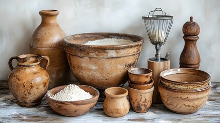 Arrangement of various rustic clay pottery vessels,bowls,and kitchenware items on a wooden surface. Earthenware,terracotta,and handcrafted ceramics in neutral,warm-toned colors.