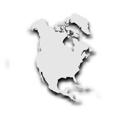 Silhouette map of North America continent. Grey vector map with dropped shadow on light gray background.