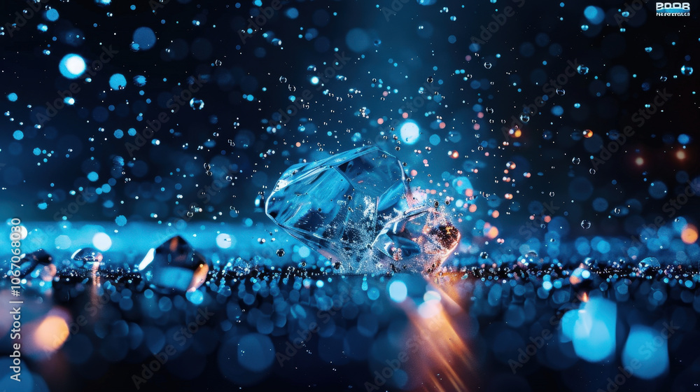 Poster stunning close up of ice cubes surrounded by shimmering water droplets, creating captivating visual 