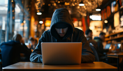 hacker with laptop in coffee shop