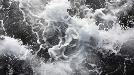Foamy ocean waves create intricate patterns as they crash and swirl, showcasing dynamic beauty of natures force. contrast of white foam against dark water evokes sense of energy and movement