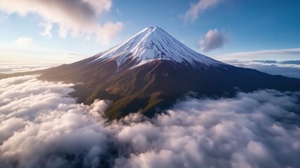 Fototapeta premium Aerial view of Mount Fuji surrounded by clouds against a bright blue sky at sunrise