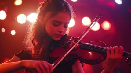 Fototapeta premium Young Girl Playing Violin Under Stage Lights